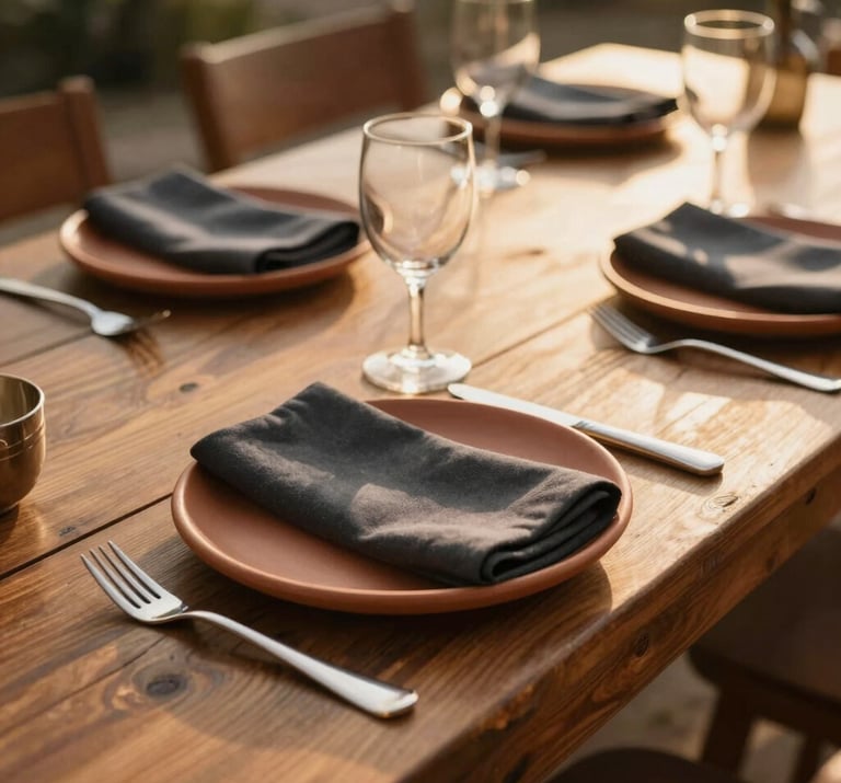 A lifestyle shot of an outdoor wooden table set for dinner, terracotta plates and charcoal napkins, warm golden hour glow.