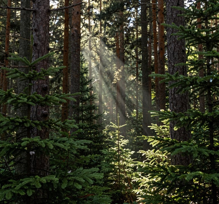Artistic shot of a dense North American / US pine forest, light beams cutting through the trees, emphasizing natural beauty and depth, Olive Green palette.