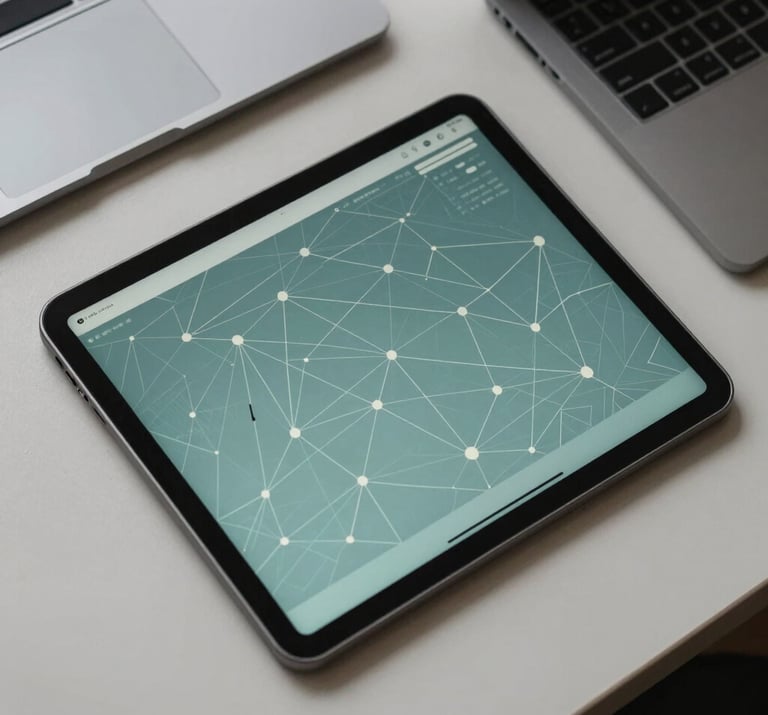 A professional overhead shot of a clean desk with a tablet showing a network map. The colors are strictly muted teal, dark slate grey, and off-white.