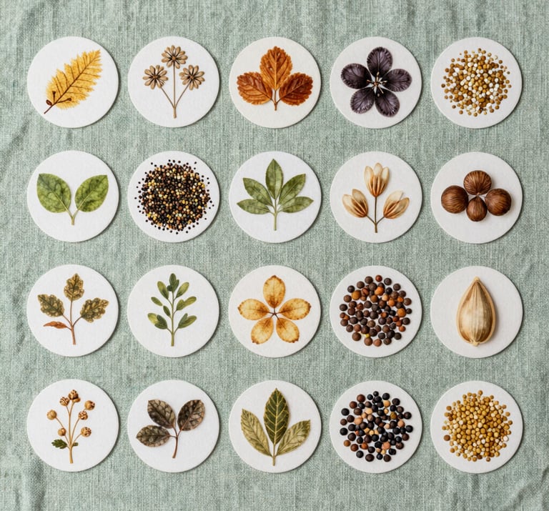 A top-down view of a collection of small, handmade circular art prints depicting various botanical seeds, arranged in a grid on a soft mist green linen cloth.