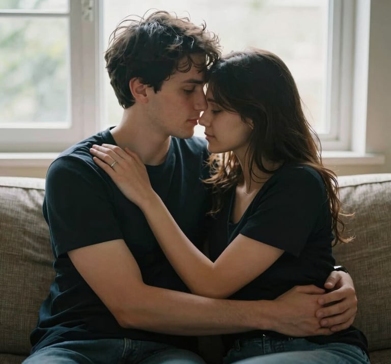A couple embracing on a sofa, bathed in natural window light. The mood is intimate and professional, reflecting a refined storytelling approach.