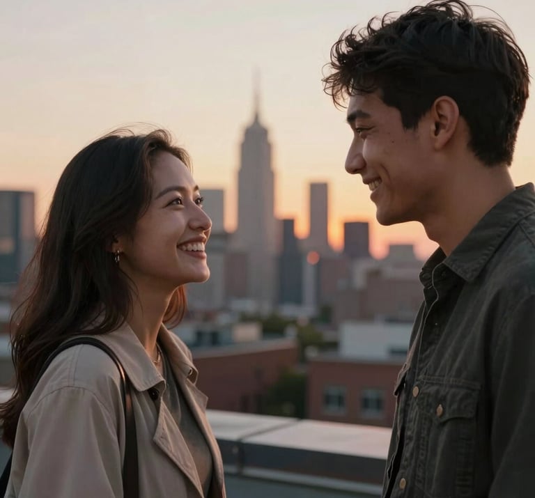 A candid moment of joy between two people on a city rooftop at sunset, North American skyline in soft focus, warm cinematic lighting.