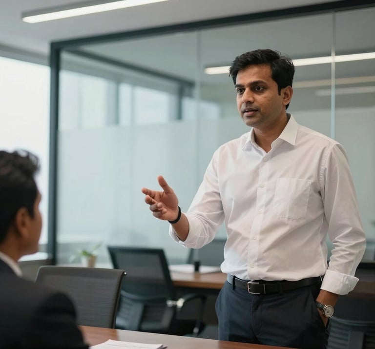 Wide environmental shot of a South Asian man in a crisp white shirt standing at a glass-walled office boardroom, mid-sentence, one hand gesturing toward a colleague — natural overhead fluorescent diffused with window light, modern Karachi or Mumbai corporate interior, slightly blurred background