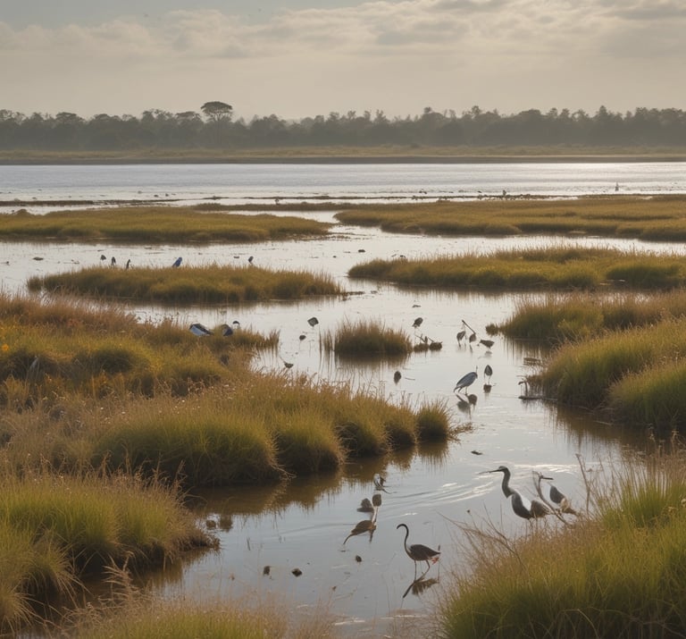 A serene wetland at sunrise with diverse aquatic plants and birds.