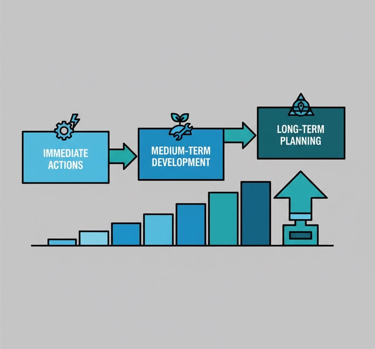 Implementation timeline infographic showing immediate, medium-term, and long-term priorities for hos