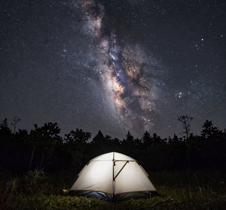 A lone tent pitched under a vast, clear dark charcoal sky filled with a Milky Way of stars. The tent is a soft off-white point of light in the wilderness. Global / Western forest clearing.