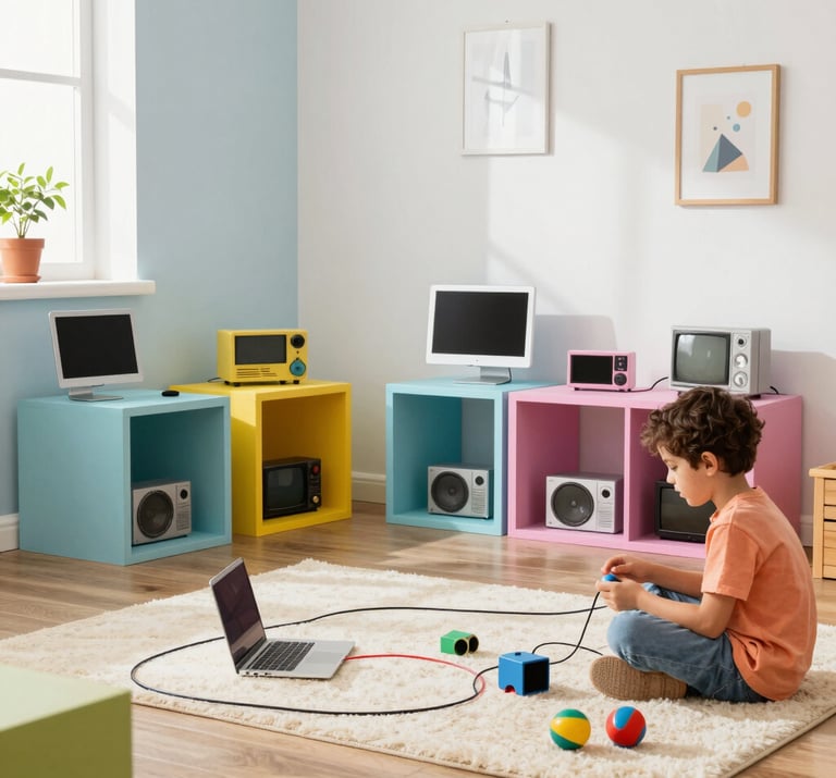 A bright, room with kids        playing   with vibrant electronic toys.