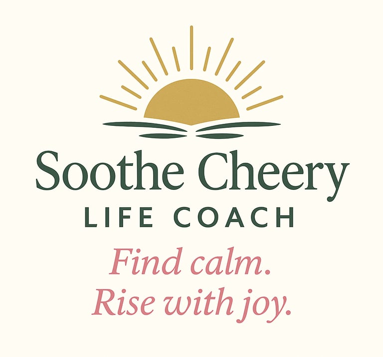 Soothe & Cheery Life Coaching logo with sunrise design and tagline Find calm. Rise with joy.