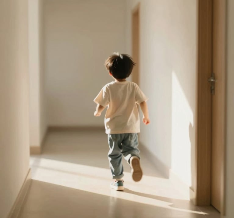 A child running through a sunlit hallway, motion blur, cinematic storytelling style, soft shadows, warm #FDF8F0 glow.