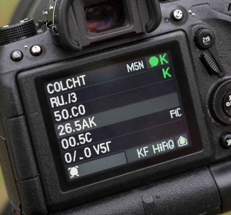 Detailed shot of a digital camera's rear LCD screen displaying a menu, extremely sharp, set against a charcoal gray camera body.