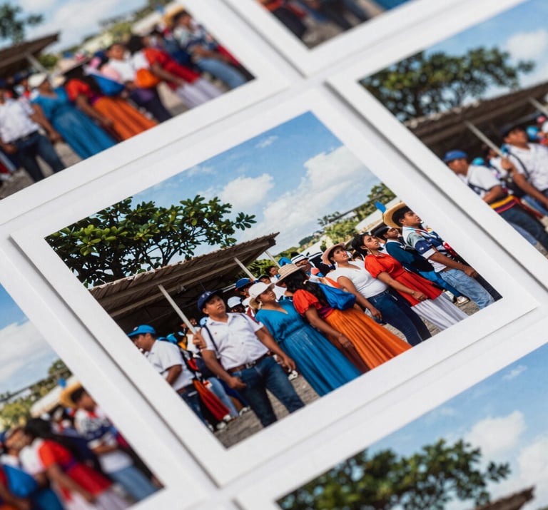 Detailed view of high-resolution photographic prints of a South American / Colombian social event, vibrant but natural colors, soft white and sky blue tones.