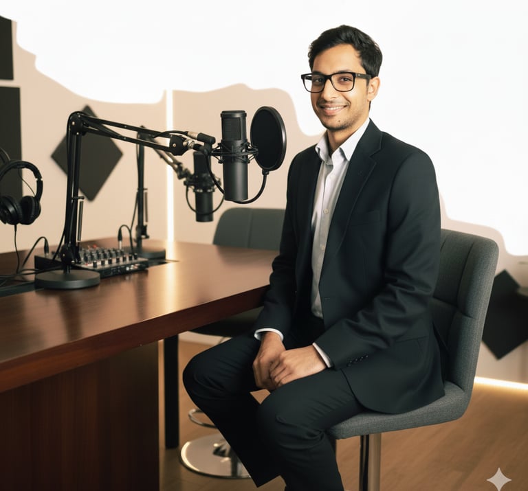 Ravi Saraf, founder of Infinity Property Consulting, sits at a modern podcasting desk