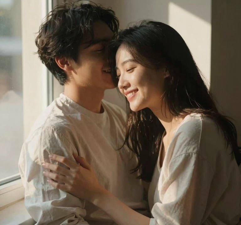 A lifestyle shot of an authentic couple sharing a quiet, candid moment by a window, warm soft indoor lighting with sunbeams. Premium and approachable aesthetic.