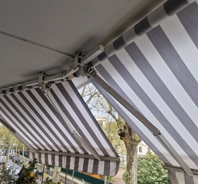 toile devant volets roulant et petit jardin