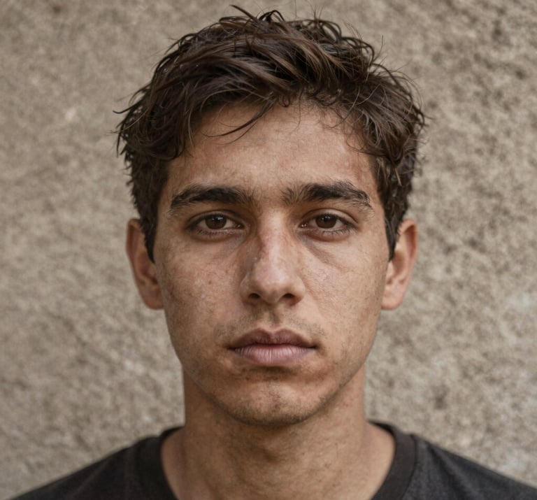 Double exposure image of a face and a textured wall in Earthy taupe tones, conveying depth and mystery, South American / Argentine style.