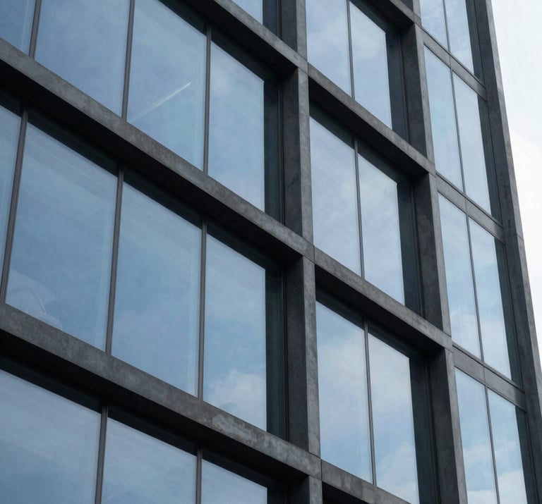 A close-up photograph of architectural glass reflecting a baby blue sky and dark grey steel structures. The lighting is crisp, highlighting the textures and clean lines of modern South American design.