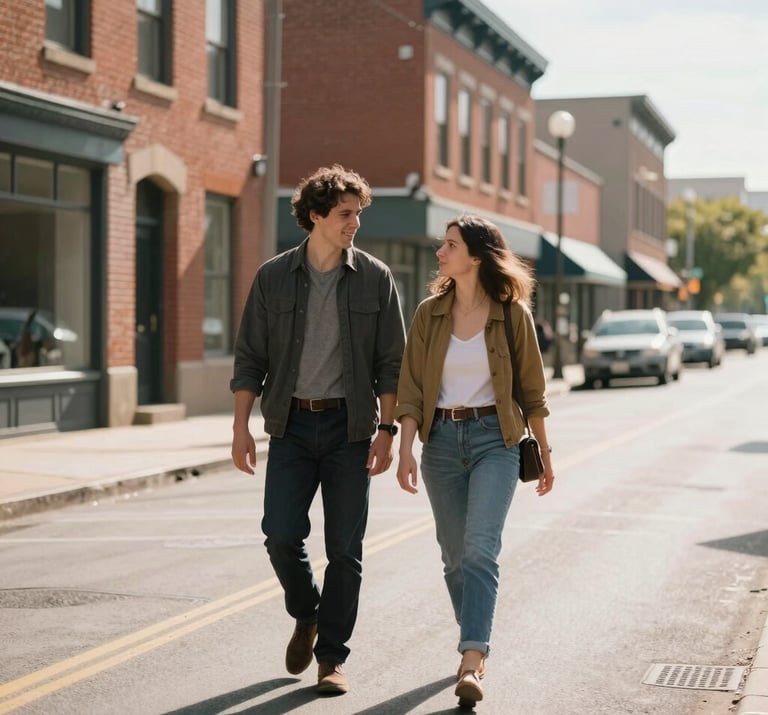 Authentic candid shot of a couple walking down a North American / US street, blurred terracotta brick buildings in the background. Sun-drenched morning light.