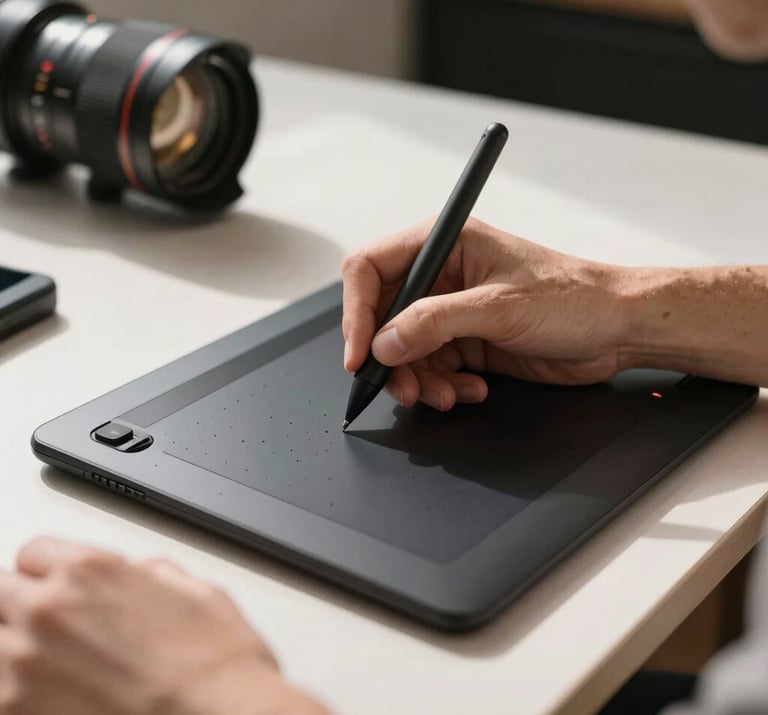A photograph of a designer's hands using a stylus on a drawing tablet in a sunlit North American / US studio setting.