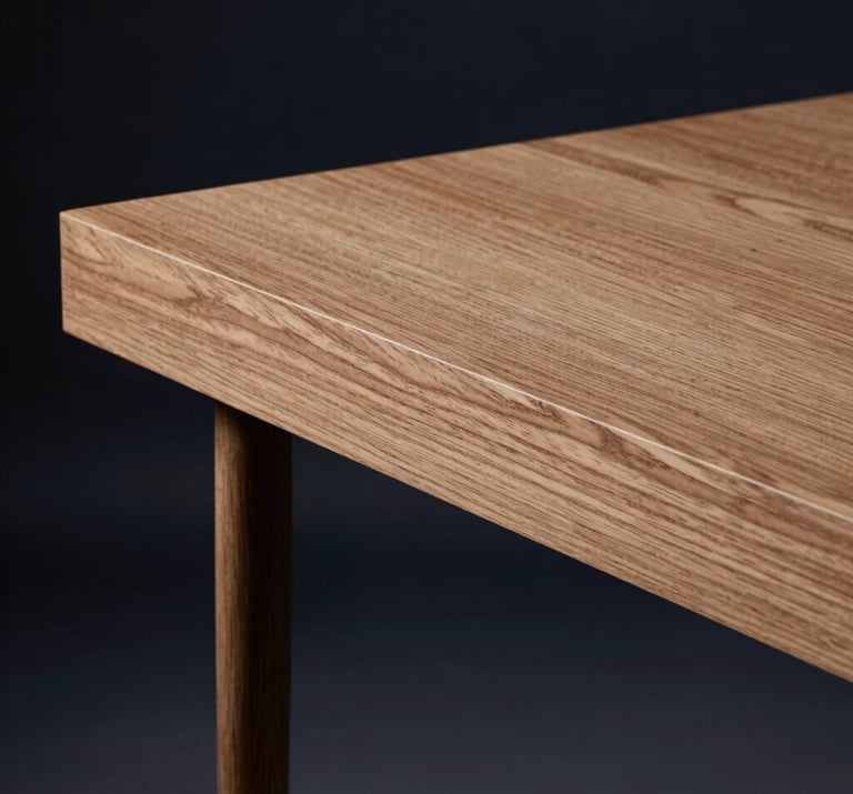 Side profile of a bespoke oak wood desk, focusing on the precision of the construction and the natural texture. Dark navy background, artistic lighting.