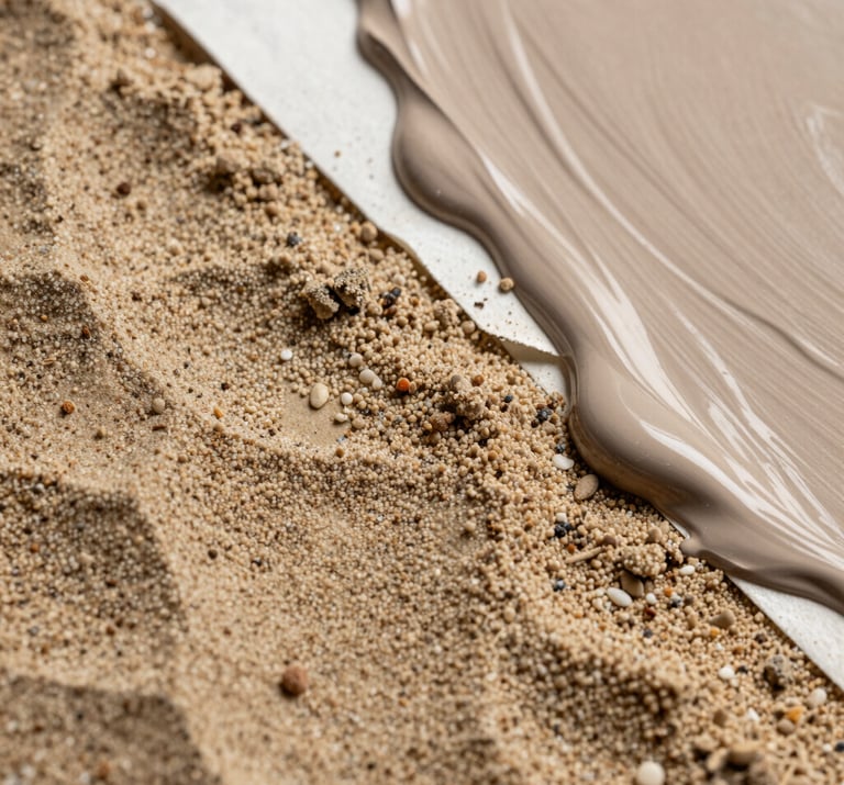 Macro photography showing the rich texture of mixed media art including sand, paper layers, and taupe paint, emphasizing visual engagement and contemporary technique.