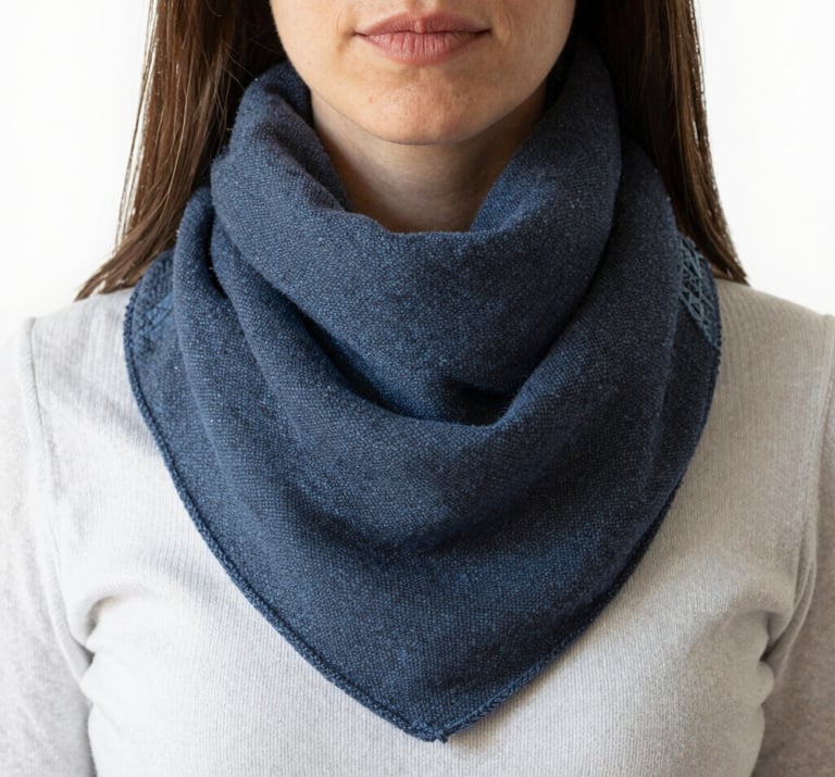 Close-up of a colorful handmade snood scarf draped elegantly on a rustic wooden chair.