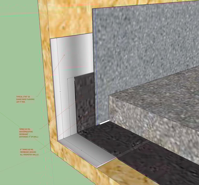 Waterproofing detail for balcony perimeters. 