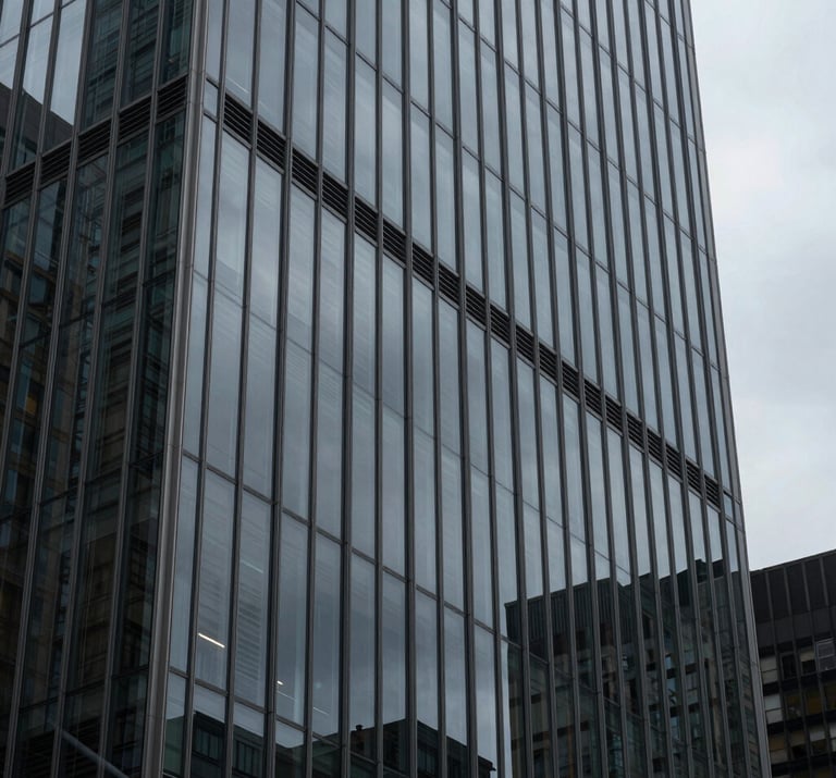 Architectural detail of a modern glass skyscraper in a North American / US downtown, reflecting a charcoal gray sky, clean lines and premium urban aesthetic.