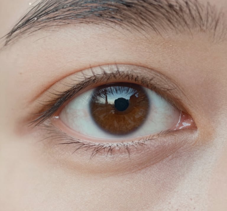 A vertical photograph showing a close-up of a human eye reflecting a landscape, captured in a soulful, artistic style with soft cream and taupe tones.