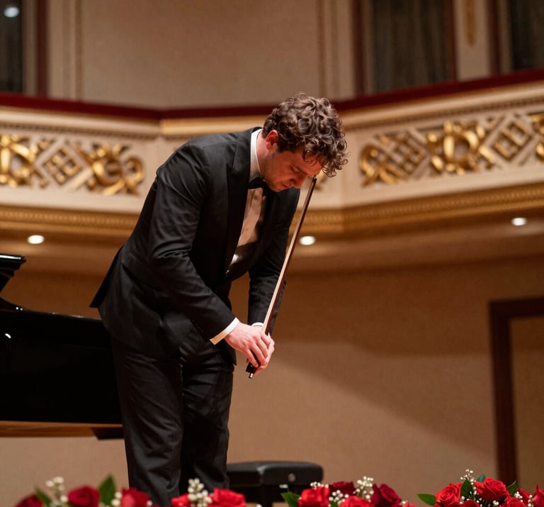 A medium shot of a classical musician during a curtain call in a sophisticated US concert hall, bowing gracefully under warm stage lights with red floral bouquets at her feet.