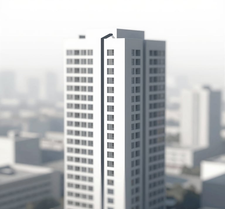 A conceptual architectural diagram showing sustainable energy flow through a high-rise building, using minimalist lines in #262F38.