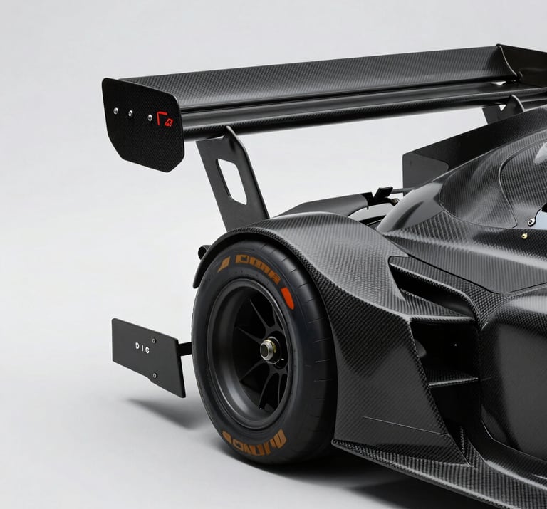 Clean, minimalist shot of a race car wing showing aerodynamic carbon fiber details, soft studio-style lighting, professional stock photo aesthetic.