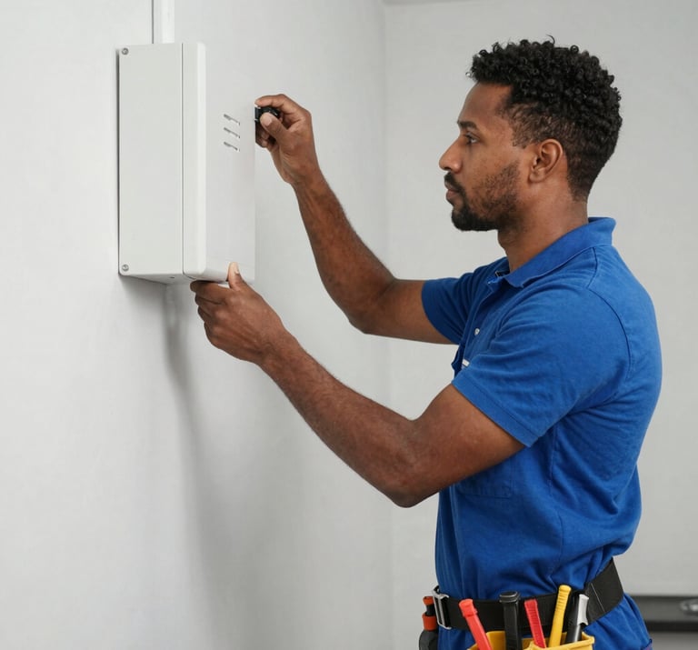 A sleek modern living room illuminated by blue neon smart lighting with connected devices visible