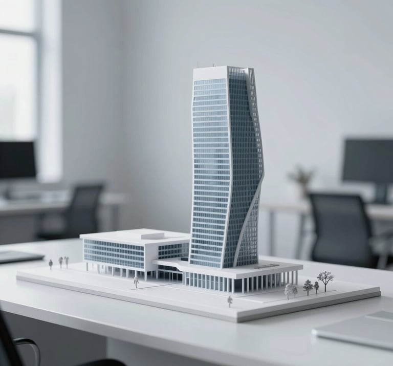 An architectural model sitting on a designer's desk, showcasing a complex cantilevered building design in a clean and modern studio environment, using #FBF9F6 and #6B6760 colors.