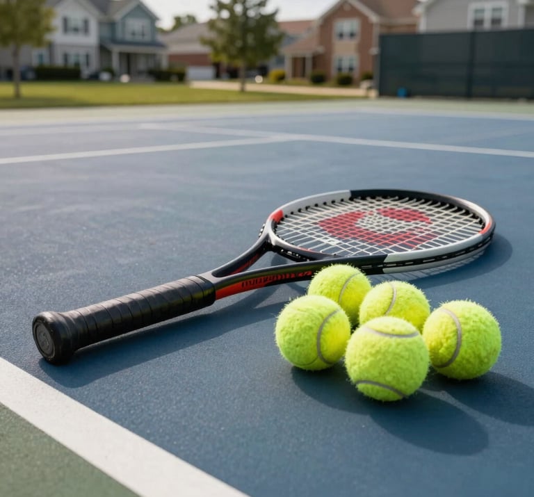 A high-end tennis racket and a sleeve of tennis balls resting on a clean, modern court surface in a North American suburban park.