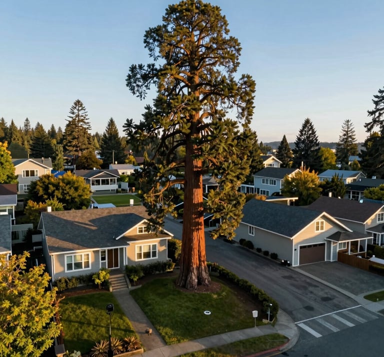 A wide aerial shot of a residential street in the North American Pacific Northwest where a giant sequoia sits in a backyard, dwarfing the two-story house beside it. Late afternoon light casting long shadows.