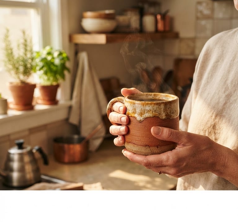 Warm editorial photo of a hand cradling a terracotta mug, showing tactile clay texture and rich glaze, under direct morning sunlight in a cozy kitchen setting, right-aligned in a wide frame.