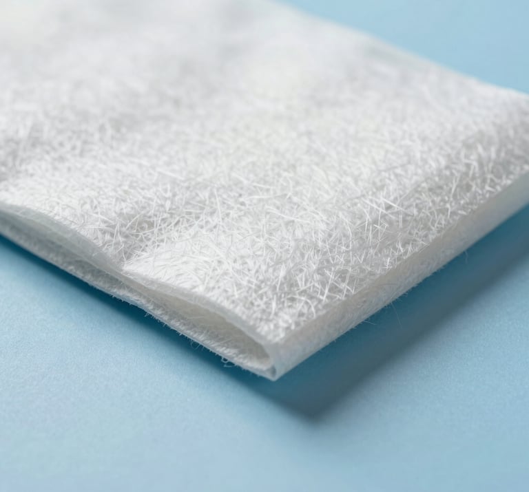 Close up of sustainable packaging material showing fiber texture, lit to highlight shadows and depth, clean and professional, #ECF0F1 and #8D9FB5.