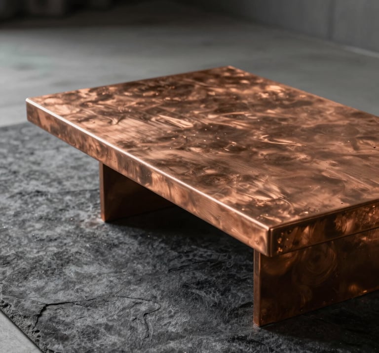 A bespoke copper coffee table with a brushed finish, placed on a dark slate grey rug. The lighting is warm and directional, catching the metallic sheen of the hand-finished surface. Minimalist architectural interior style.