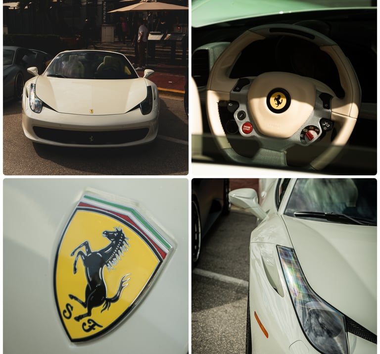 White Ferrari 458 Spider luxury convertible showing exterior details, leather steering wheel, and iconic logo.