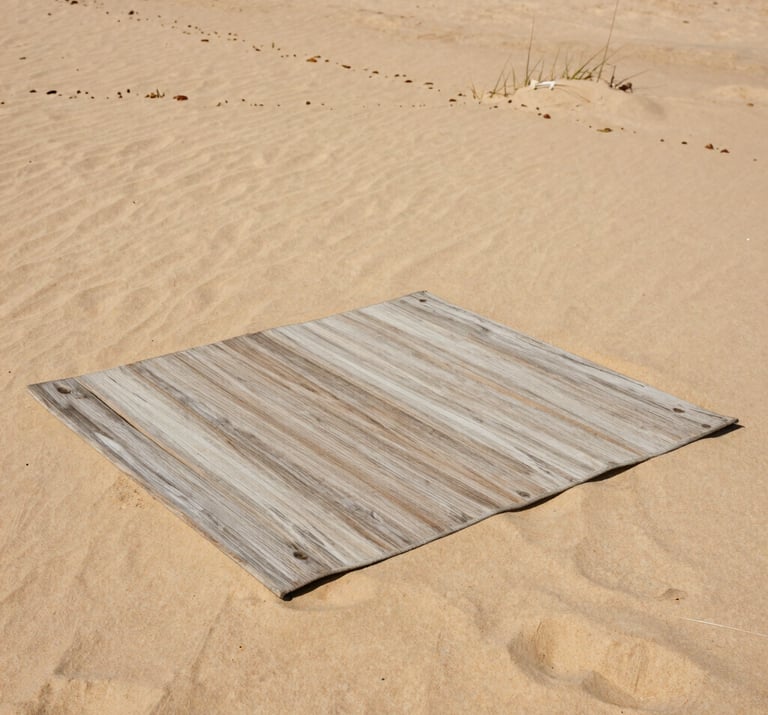 Atmospheric photography of a picnic blanket on a beach in Algarve, sun-bleached wood, sand colors, authentic relaxed vibe, European / Portuguese setting.