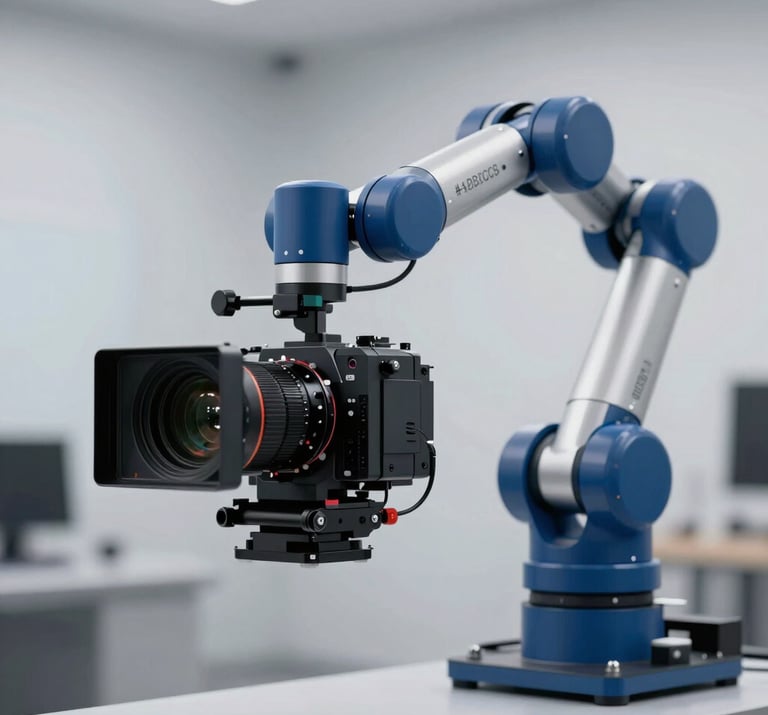 A slow-motion capture setup featuring a high-speed camera on a robotic arm. Cutting-edge, highly professional mood. Incorporating #1B263B, #415A77, #A0B0C0, #E0E1DD.