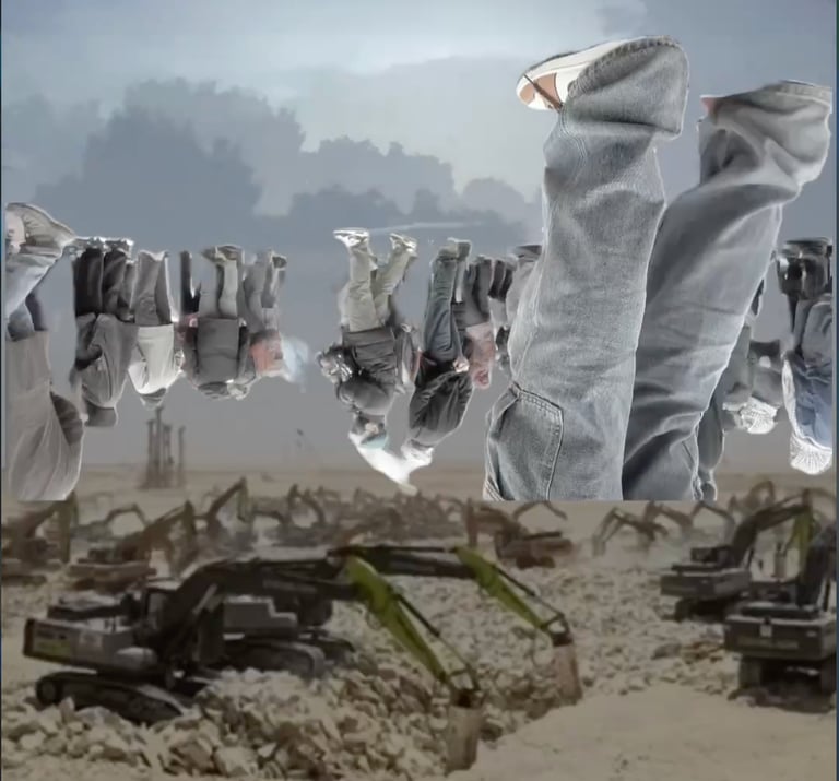 lots of back hoes and heavy machinery with people walking above upside-down
