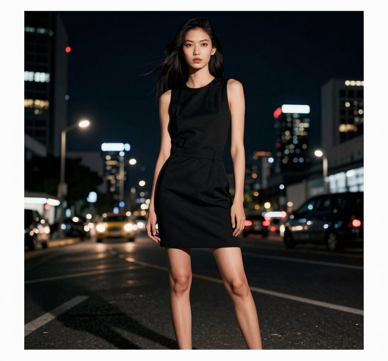 Wide shot of a fashion editorial at night, city lights blurred in background, high contrast, cinematic urban atmosphere in a South American metropolis.
