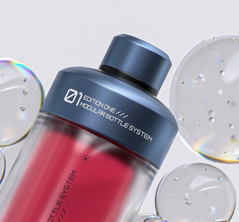 Third render of the modular bottle, with 3D bubbles behind