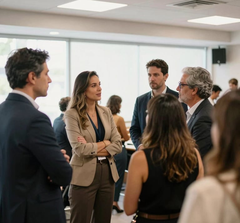 A professional networking moment after a talk in a South American / Brazilian venue, people in elegant attire conversing, bright and airy lighting.