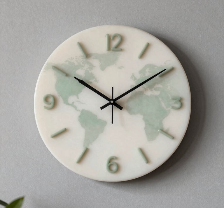 A elegant Almond White and Sage Green resin wall clock hanging on a minimal Pebble Grey wall in a International / Global home interior.