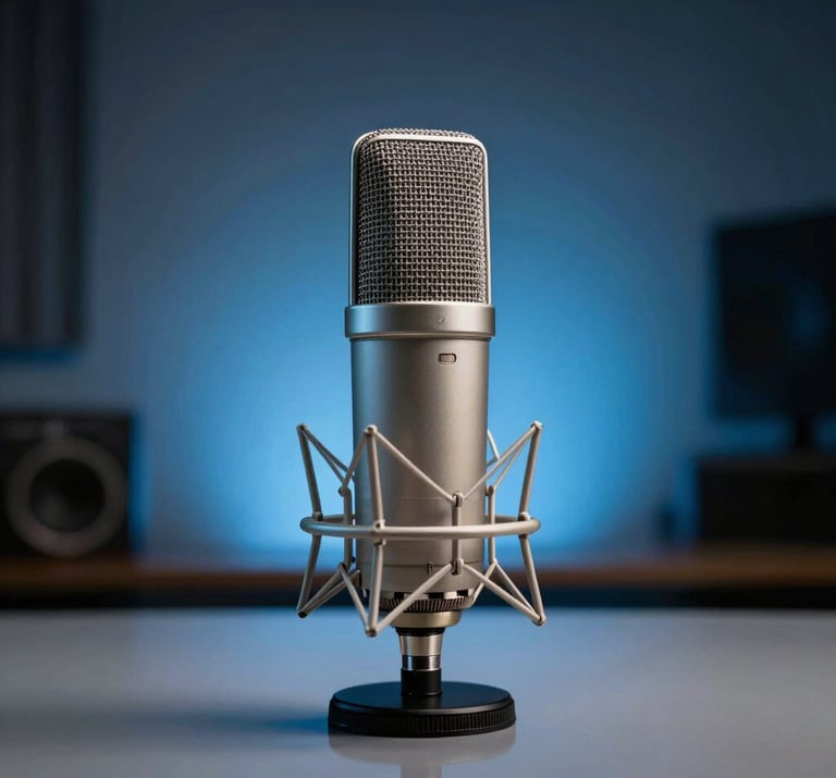 A minimalist studio shot of a high-end condenser microphone resting on a reflective surface in a North American / US professional studio, with soft blue ambient rim lighting.