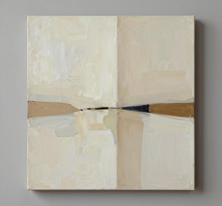 An abstract minimal oil painting with broad strokes of off-white and pale tan, leaning against a warm grey wall, International / Western setting.