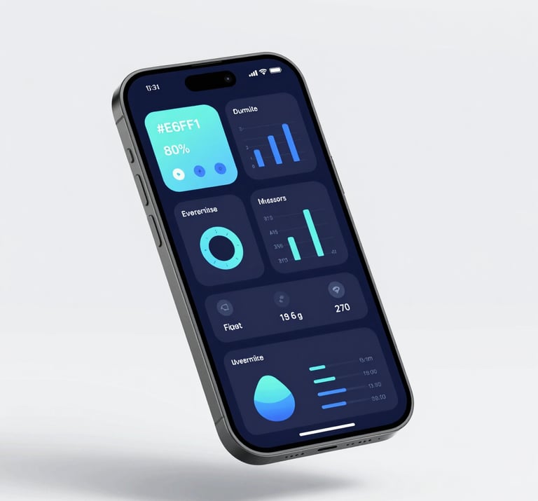 A sleek, modern mobile app mockup on a floating device, showcasing complex data visualizations rendered in a clean, minimalist style. Dominant colors: #E6EFF5 and #0A1118.