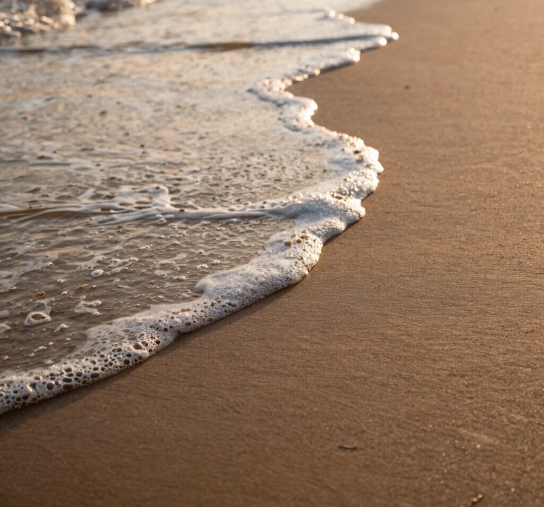 Abstract close-up of soft waves washing over sand, captured in warm morning light, cinematic textures and peaceful mood.